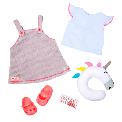 Outfit and unicorn travel pillow for 18-inch doll