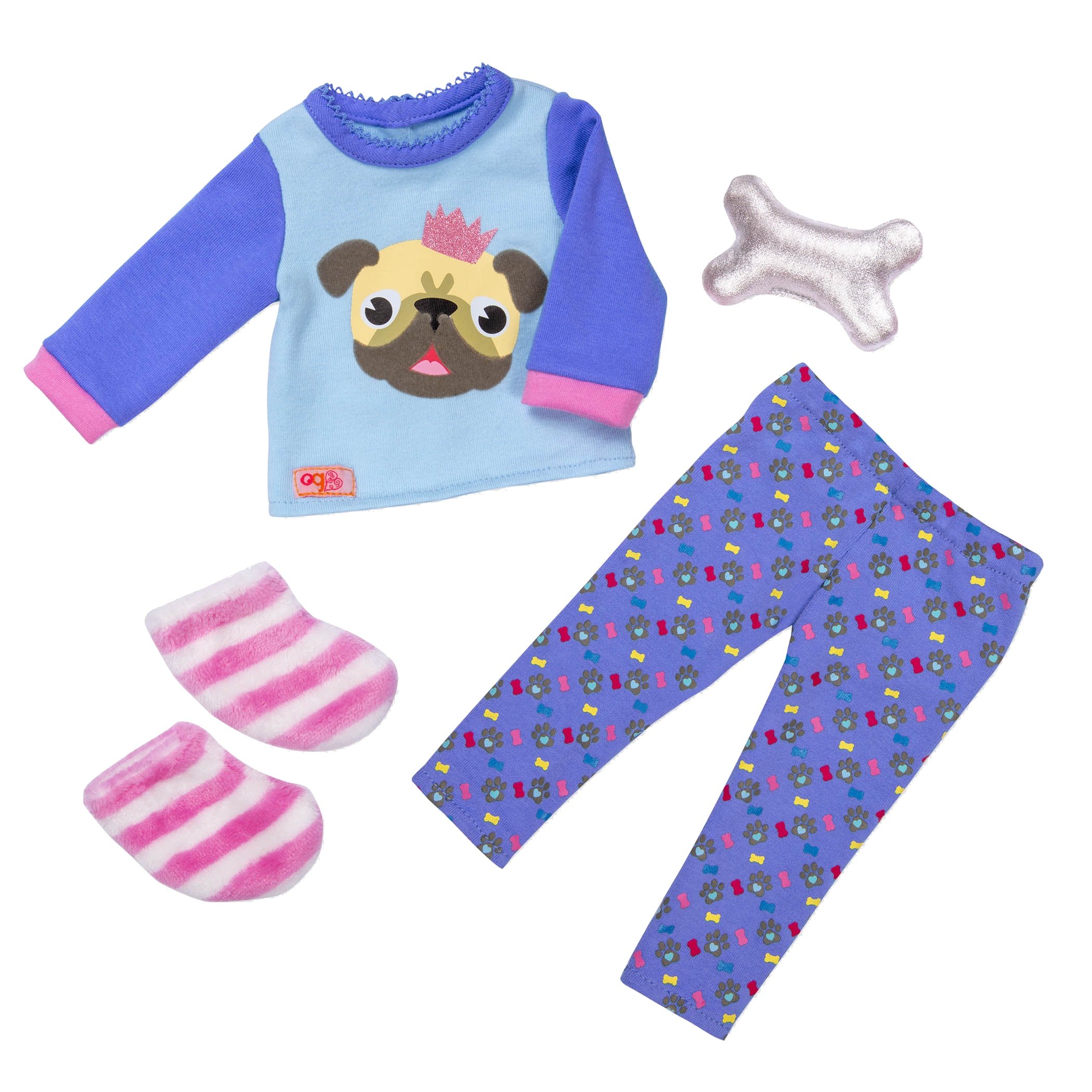 Pug-themed pajamas for 18-inch doll