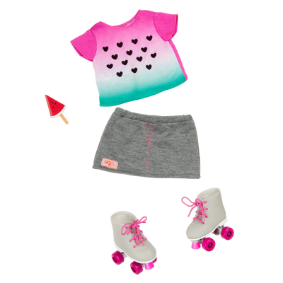 Watermelon-themed roller skating outfit for 18-inch doll