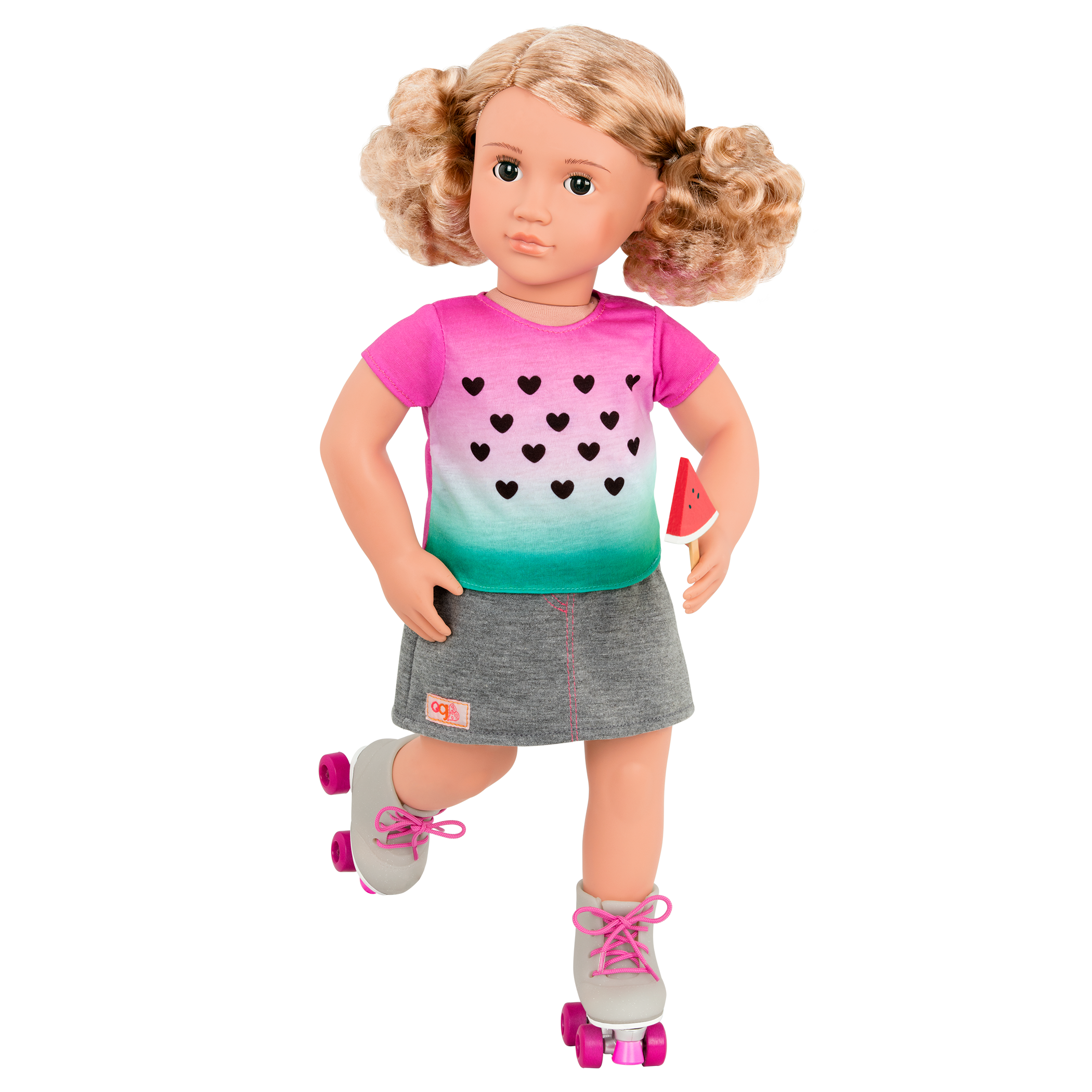 Watermelon-themed roller skating outfit for 18-inch doll
