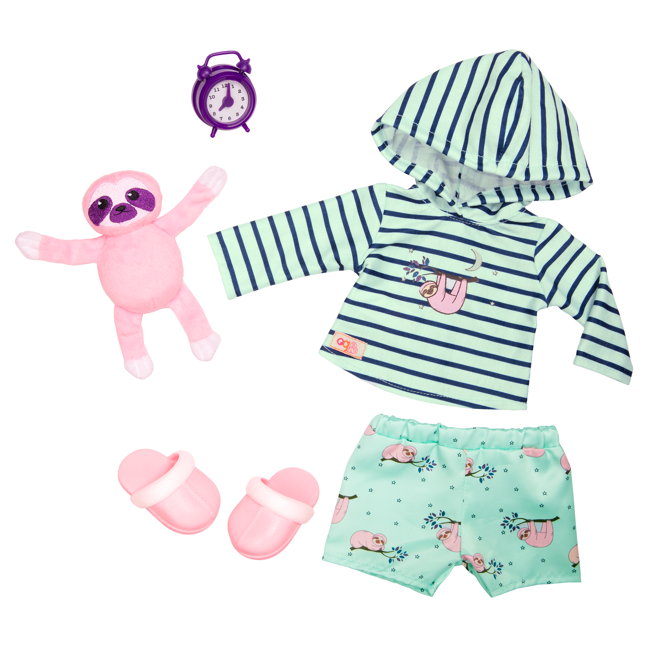 Sloth-themed pajamas with sloth plushie and alarm clock for 18-inch doll