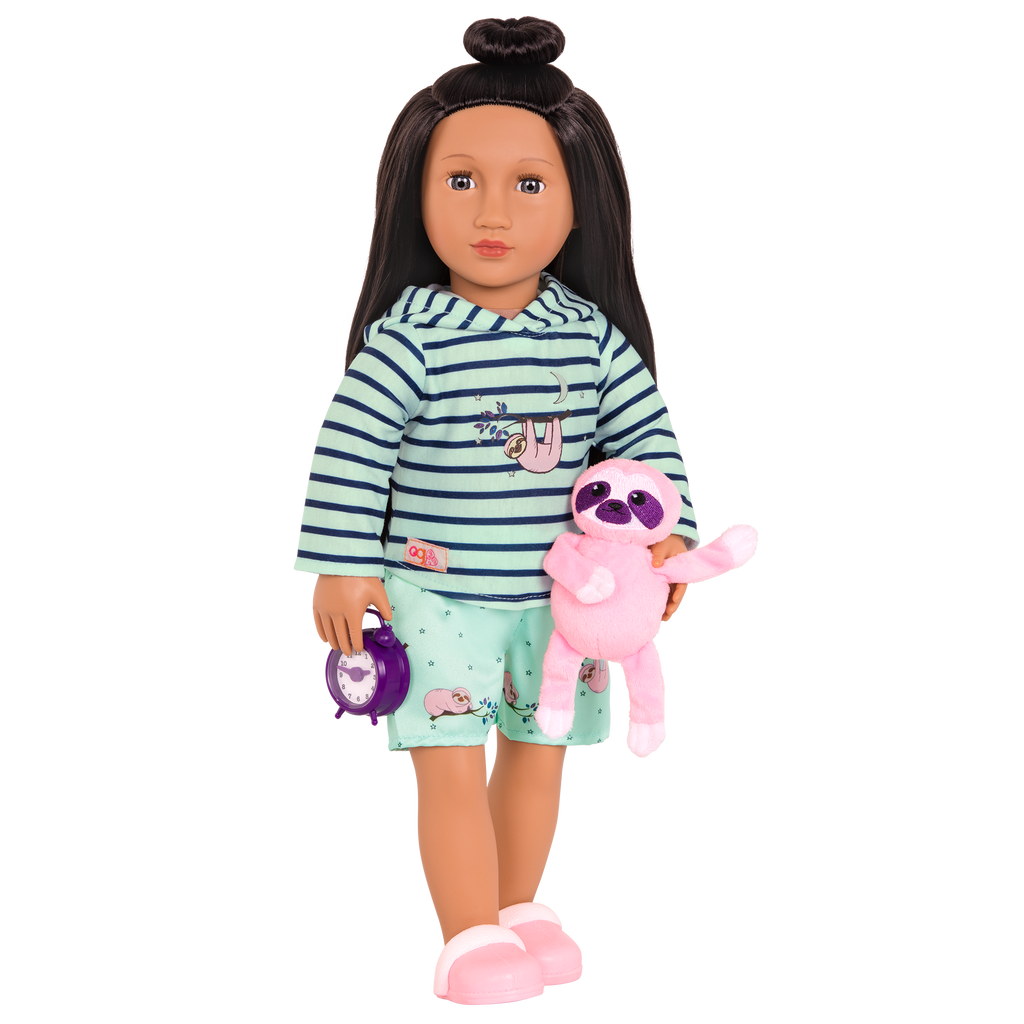 Sloth-themed pajamas with sloth plushie and alarm clock for 18-inch doll
