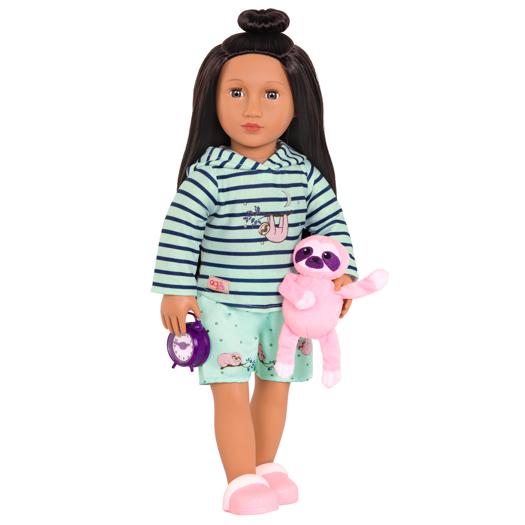 Sloth-themed pajamas with sloth plushie and alarm clock for 18-inch doll