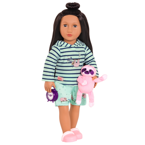 Sloth-themed pajamas with sloth plushie and alarm clock for 18-inch doll