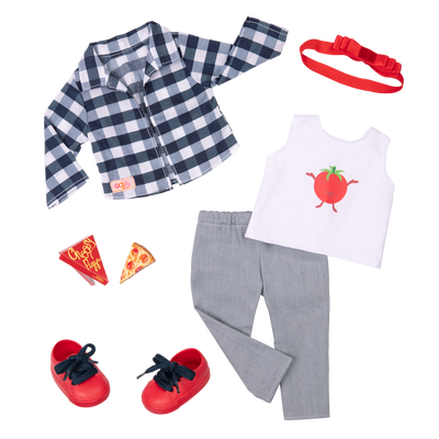 Pizza party outfit with toy pizza for 18-inch doll