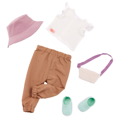Our Generation white shirt and brown pants summer outfit for 18 inch dolls