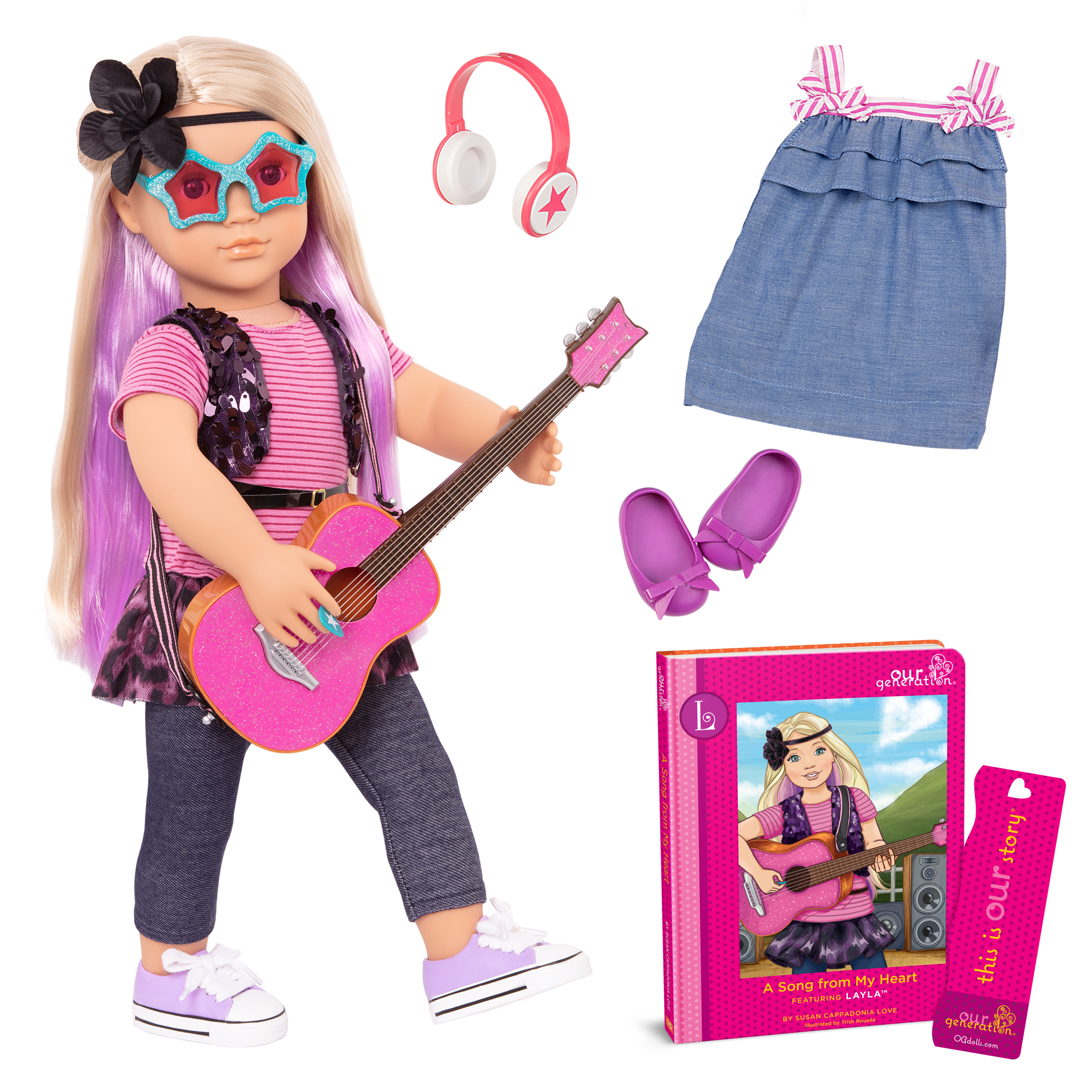 18-inch doll with blonde hair, blue eyes, purple streaks, guitar and storybook