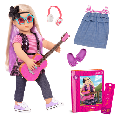 18-inch doll with blonde hair, blue eyes, purple streaks, guitar and storybook