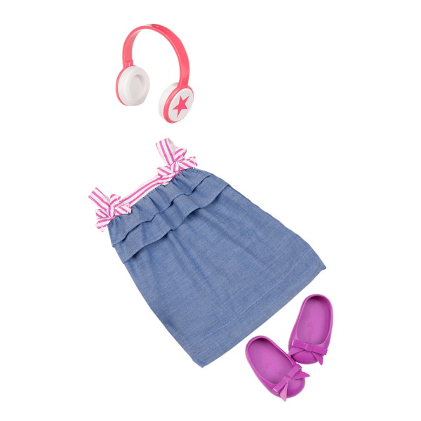 18-inch doll with blonde hair, blue eyes, purple streaks, guitar and storybook