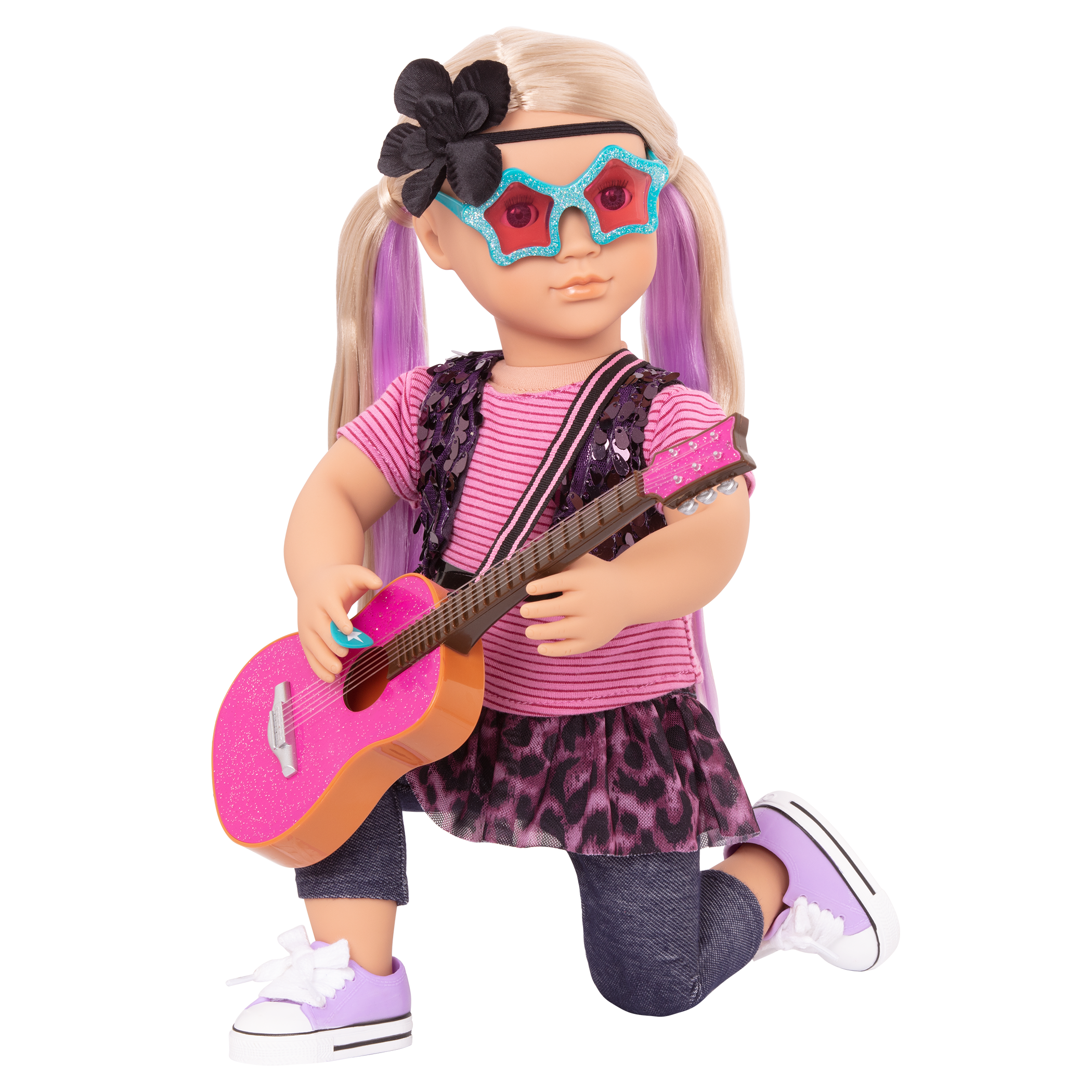 18-inch doll with blonde hair, blue eyes, purple streaks, guitar and storybook