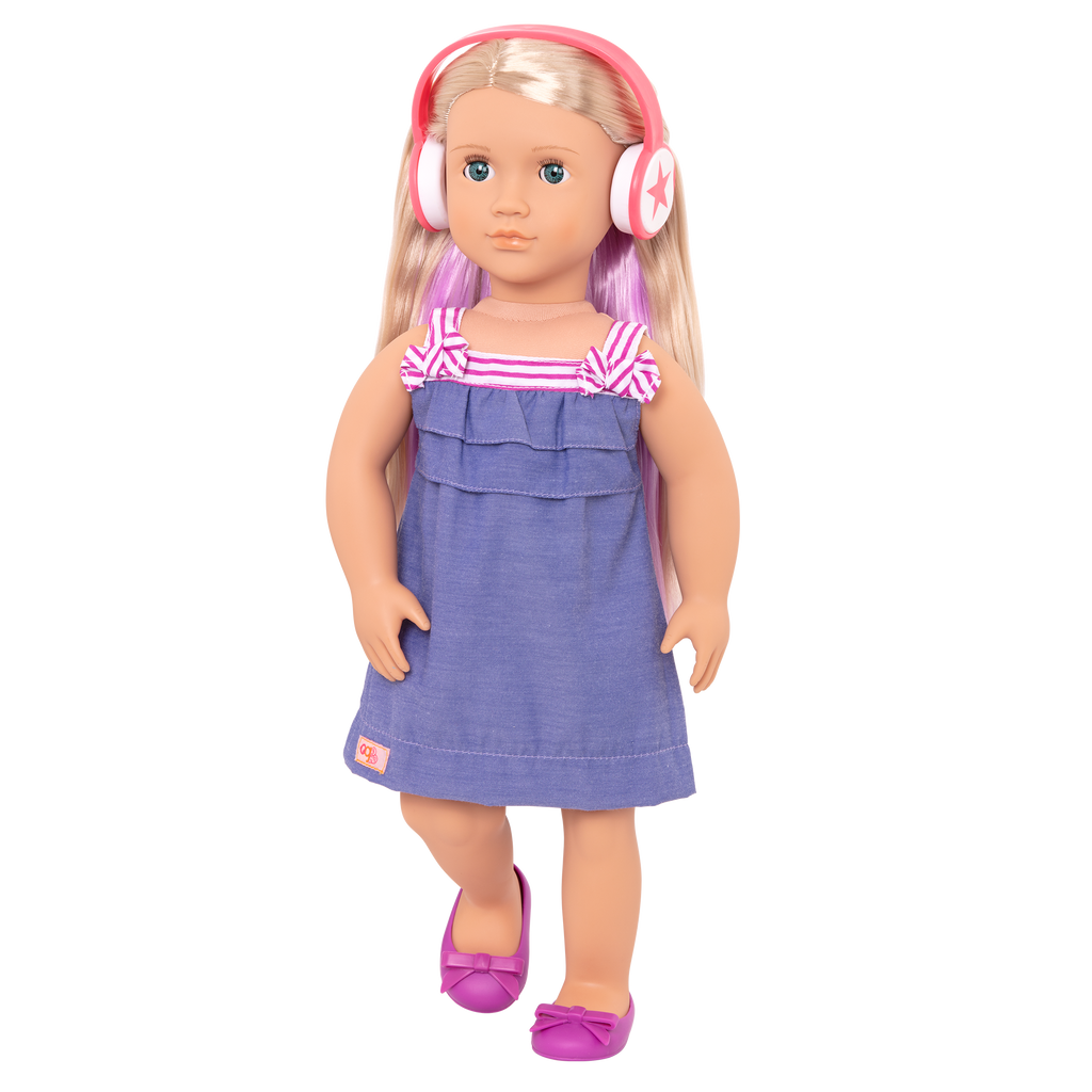 18-inch doll with blonde hair, blue eyes, purple streaks, guitar and storybook
