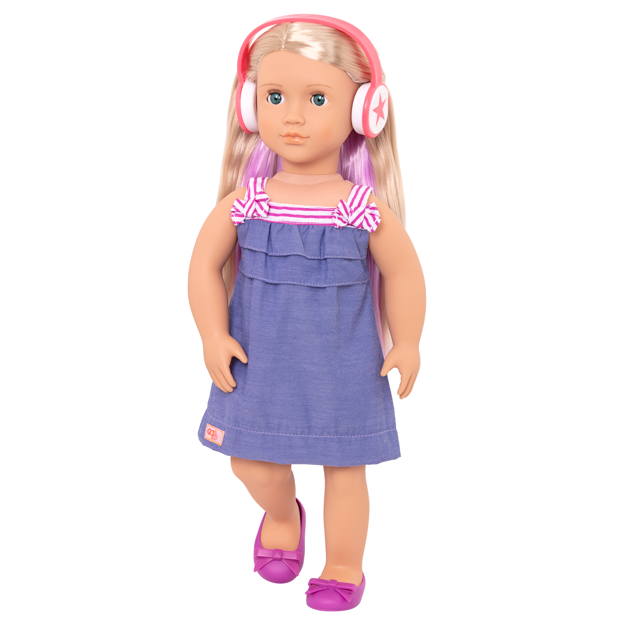 18-inch doll with blonde hair, blue eyes, purple streaks, guitar and storybook