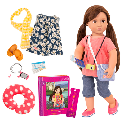 18-inch doll with brown hair, brown eyes, travel accessories and storybook