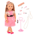 46 cm doll with blonde hair, gray eyes, jewelry and stand