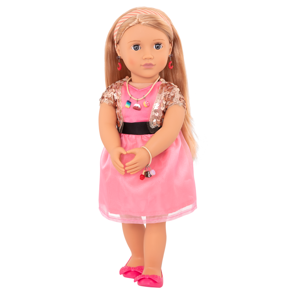 46 cm doll with blonde hair, gray eyes, jewelry and stand