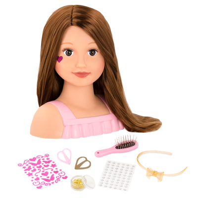 Brunette doll styling head with hair accessories