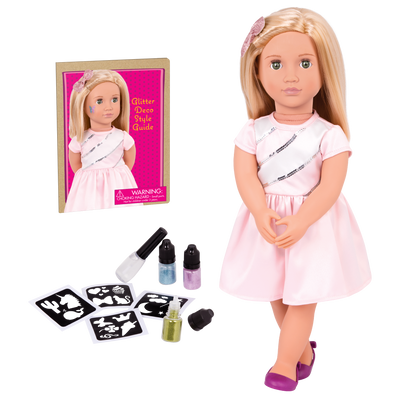 18-inch doll with blonde hair, green eyes and glitter tattoo decals