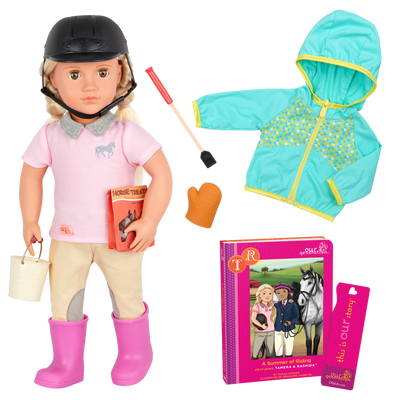 18-inch doll with blonde hair, light brown eyes, equestrian accessories and storybook