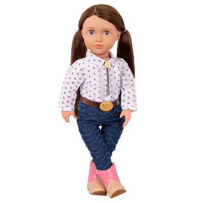 18-inch cowgirl doll with brown hair and violet eyes