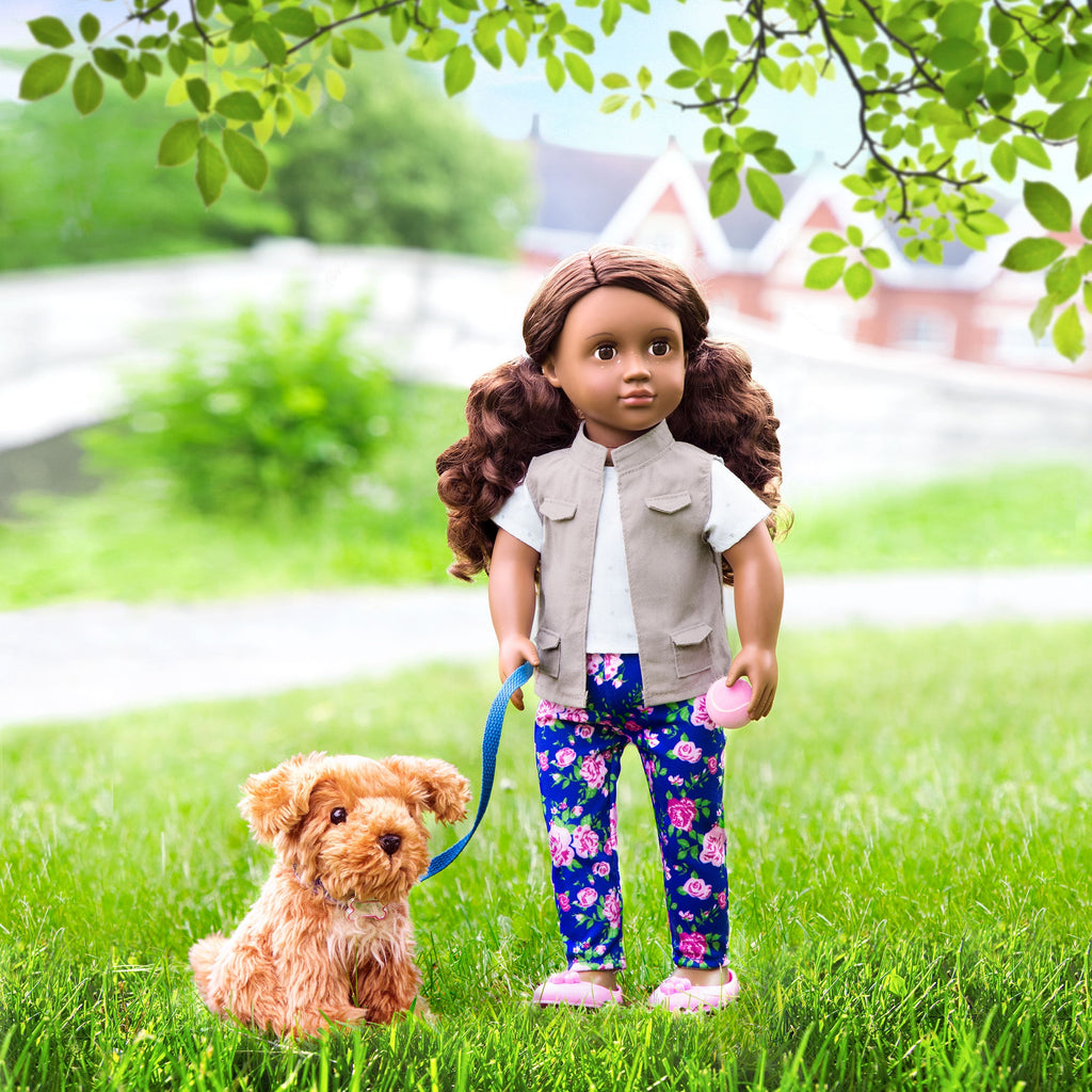 46 cm doll with brown hair and brown eyes walking poodle dog plushie