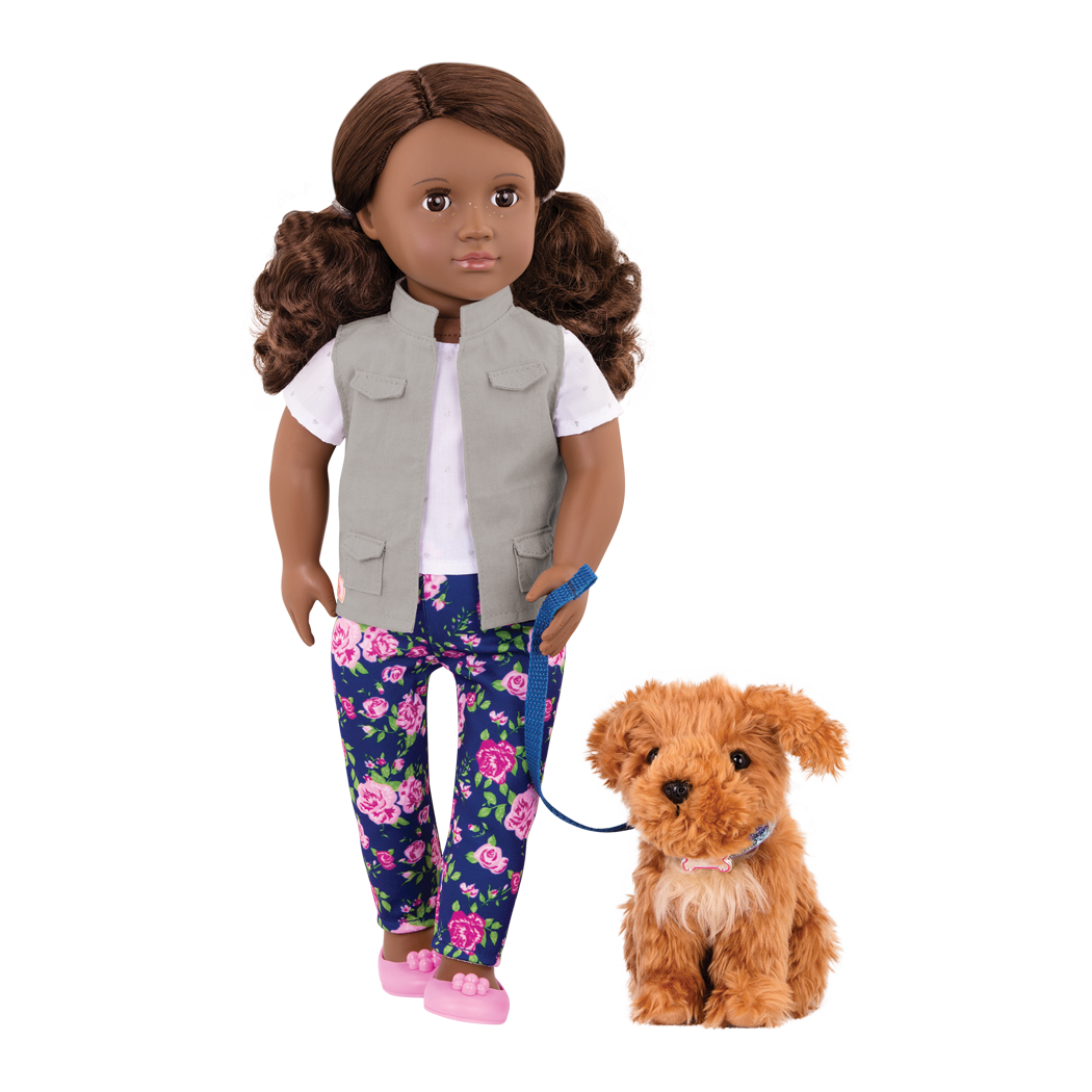 46 cm doll with brown hair and brown eyes walking poodle dog plushie