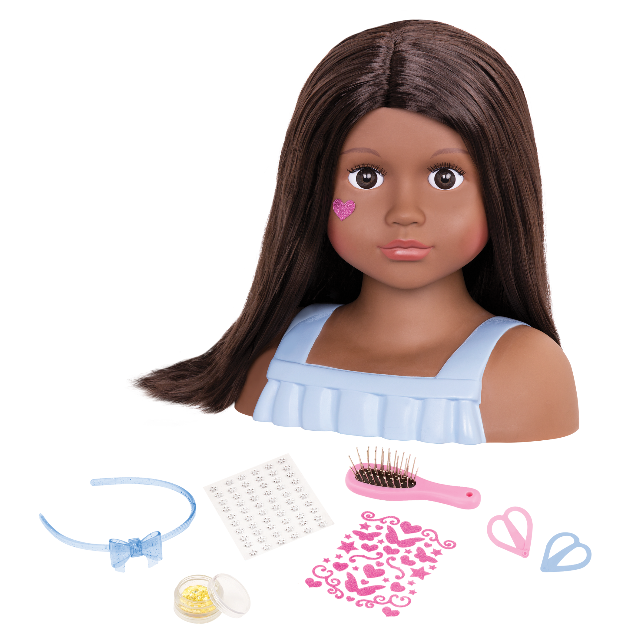 Brunette doll styling head with hair accessories