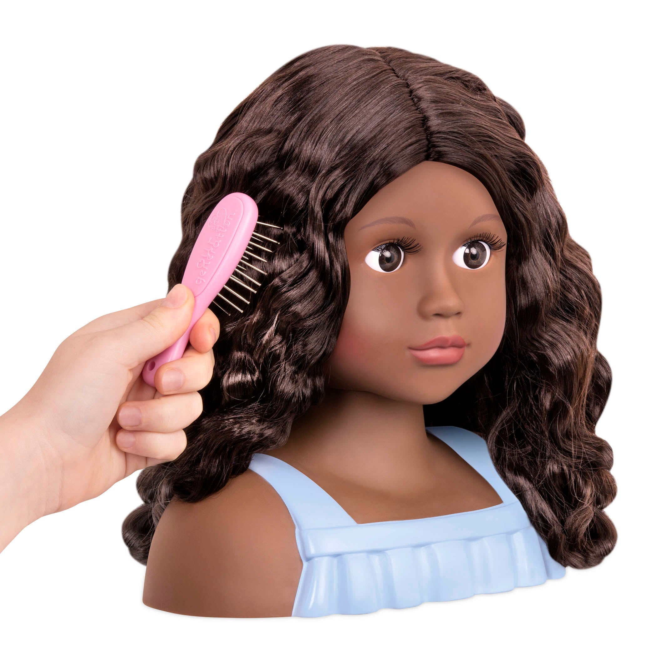 Brunette doll styling head with hair accessories