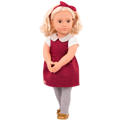 18-inch holiday doll with blonde hair and hazel eyes