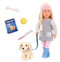 18-inch doll with blonde hair, pale blue eyes and dog accessories walking golden retriever plushie