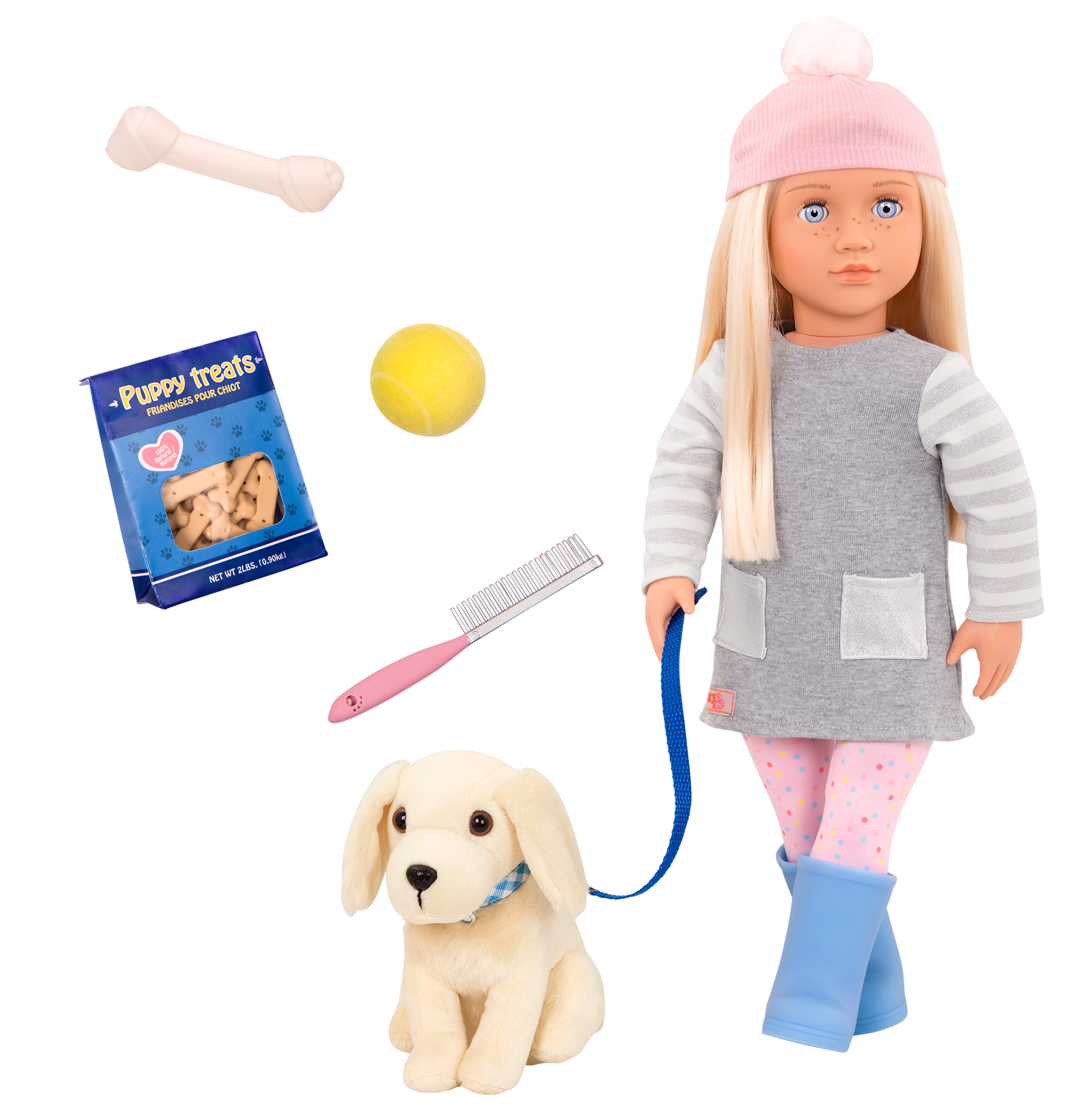 18-inch doll with blonde hair, pale blue eyes and dog accessories walking golden retriever plushie