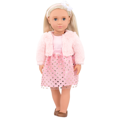 18-inch doll with blonde hair and gray-blue eyes