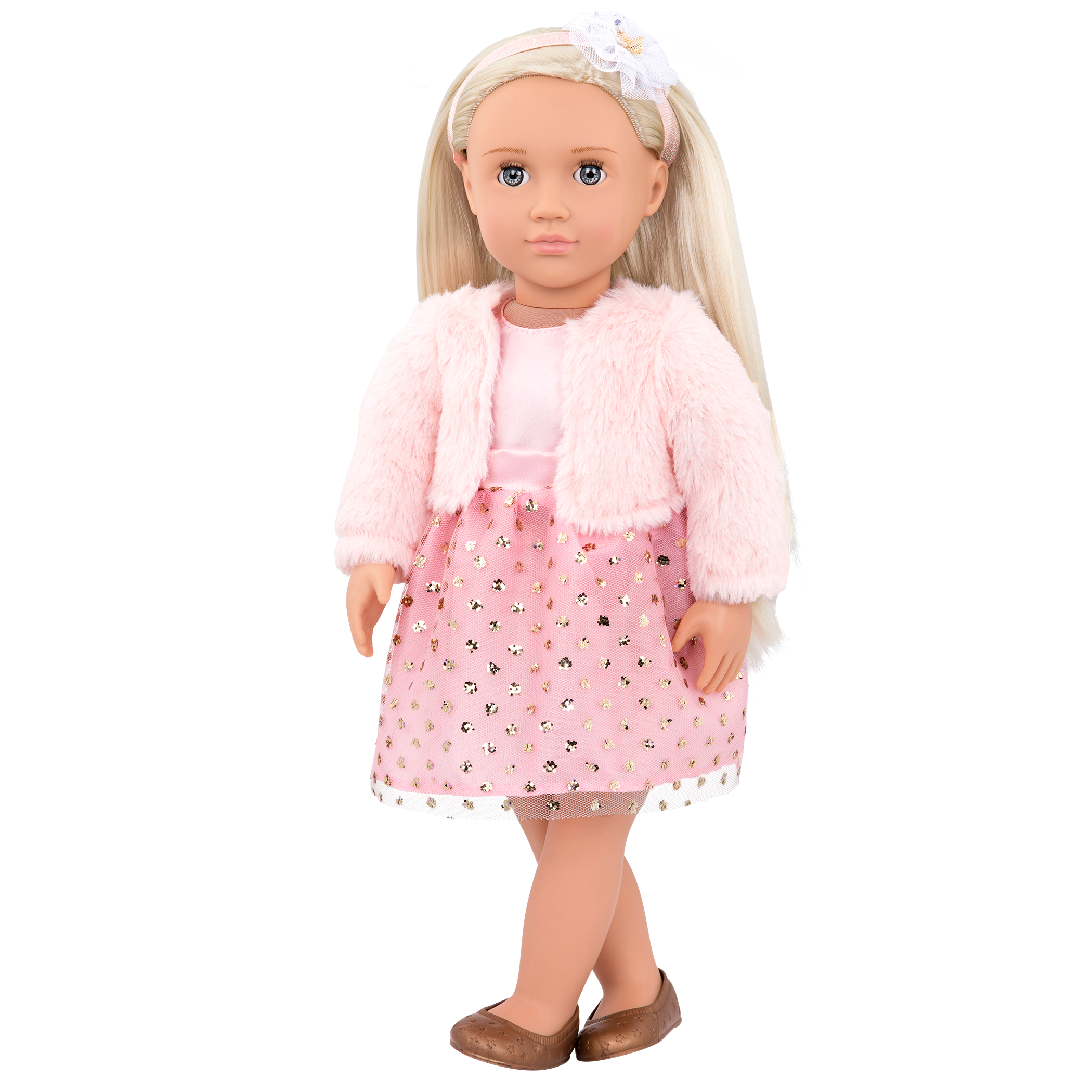 18-inch doll with blonde hair and gray-blue eyes
