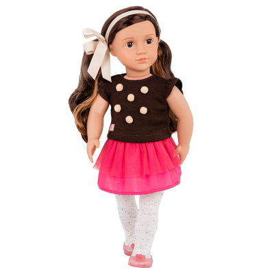 18-inch doll with brown hair, brown eyes and caramel highlights