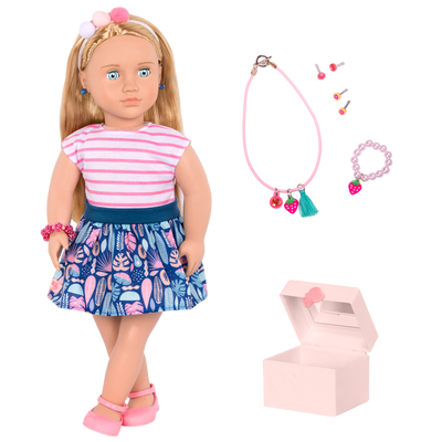 18-inch doll with blonde hair, pale blue eyes, jewelry and box
