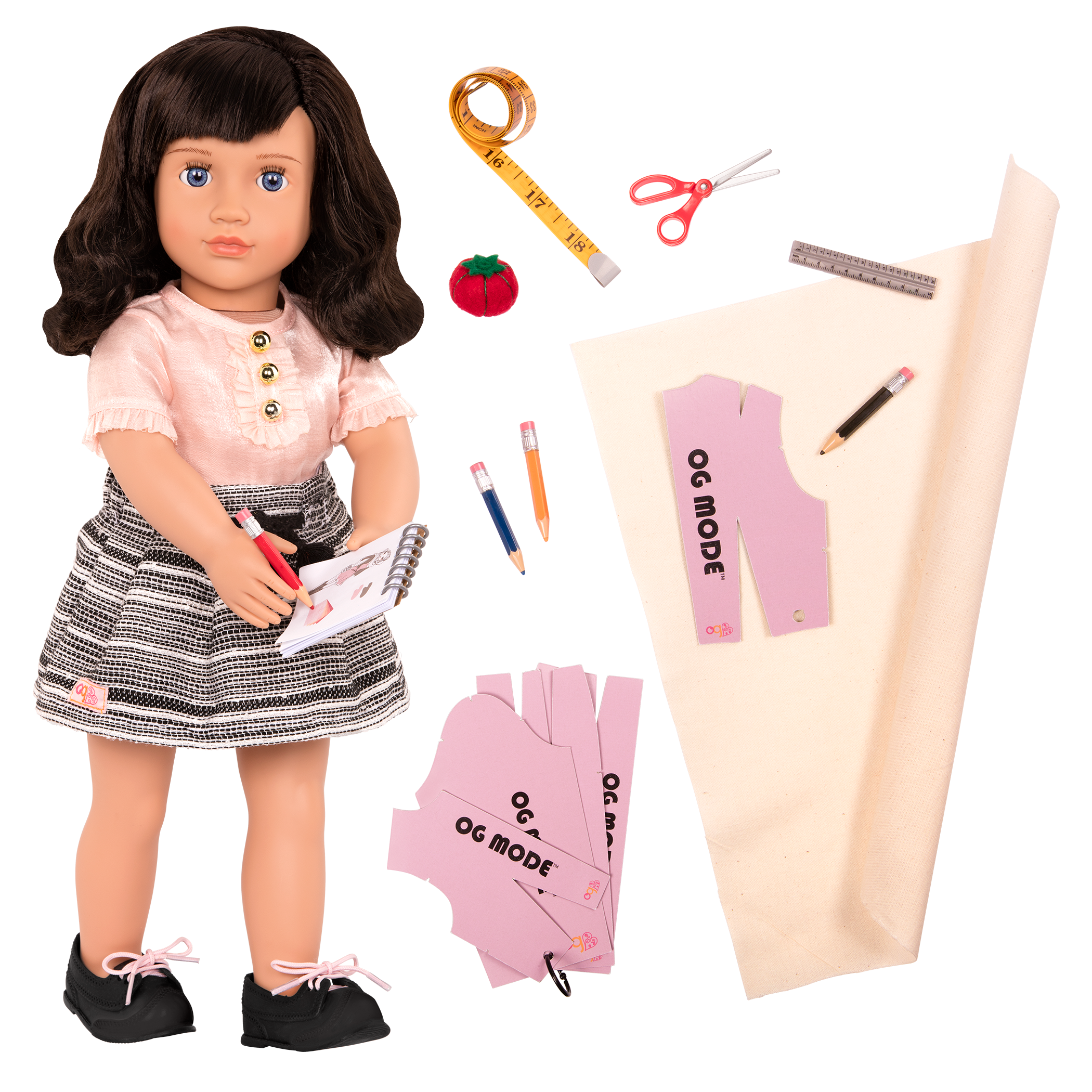 18-inch fashion designer doll with dark-brown hair, blue eyes and designing accessories
