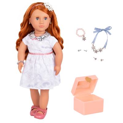 18-inch doll with red hair, blue eyes, jewelry and box