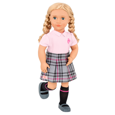 18-inch doll with blonde hair, blue eyes, school accessories and storybook