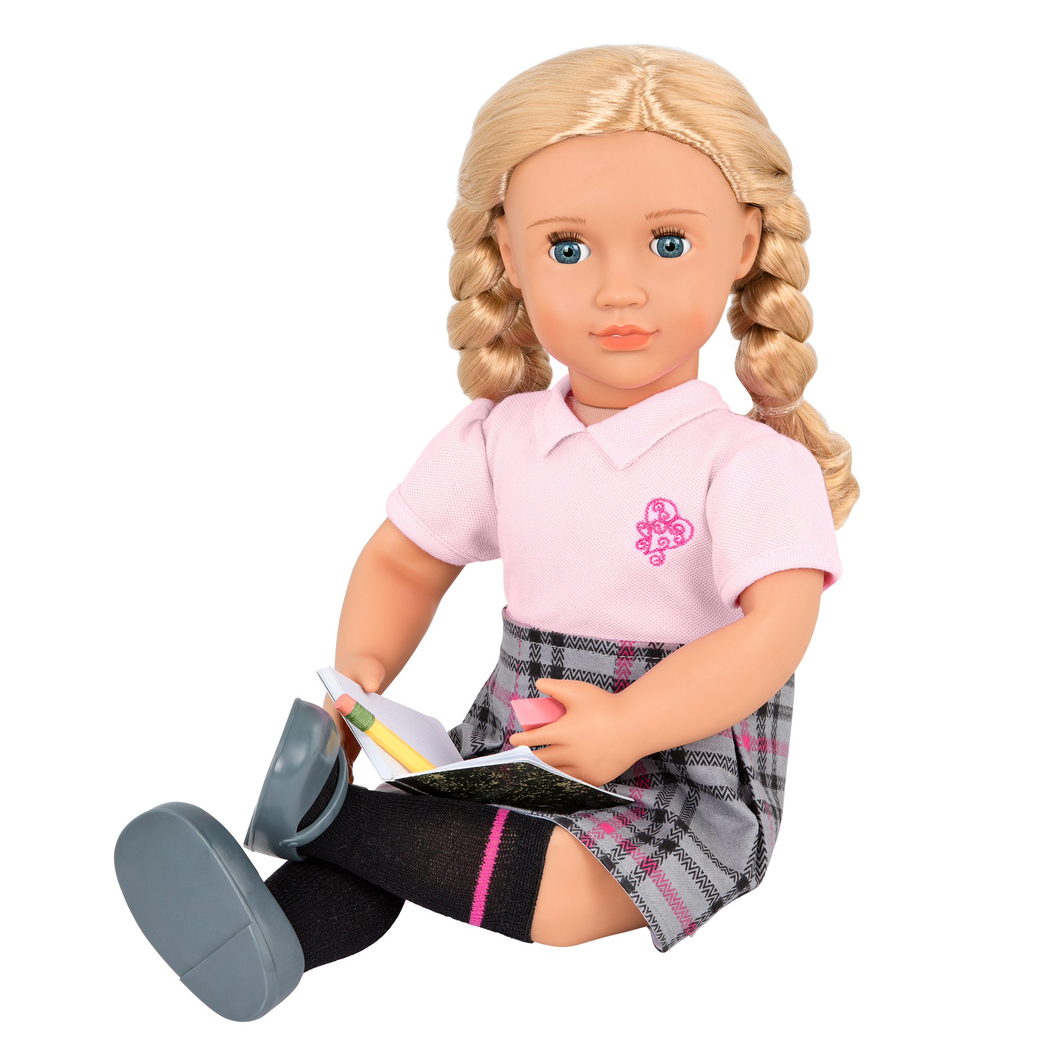 18-inch doll with blonde hair, blue eyes, school accessories and storybook