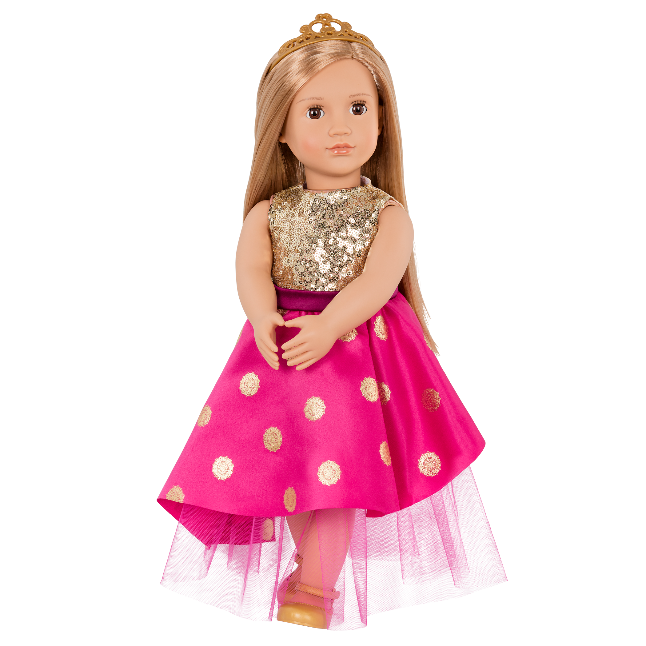 18-inch doll with blonde hair and brown eyes