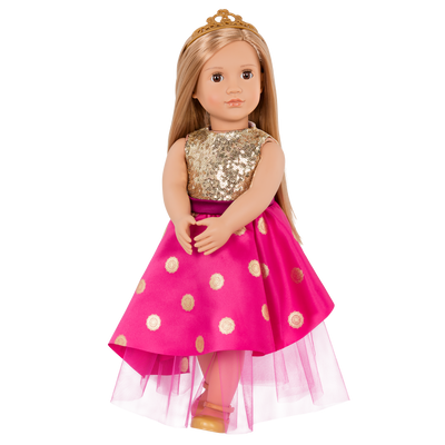 18-inch doll with blonde hair and brown eyes