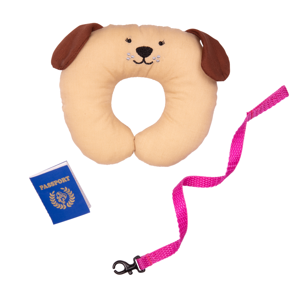 18-inch doll with brown hair, turquoise eyes, travel accessories and Bernese mountain dog plushie