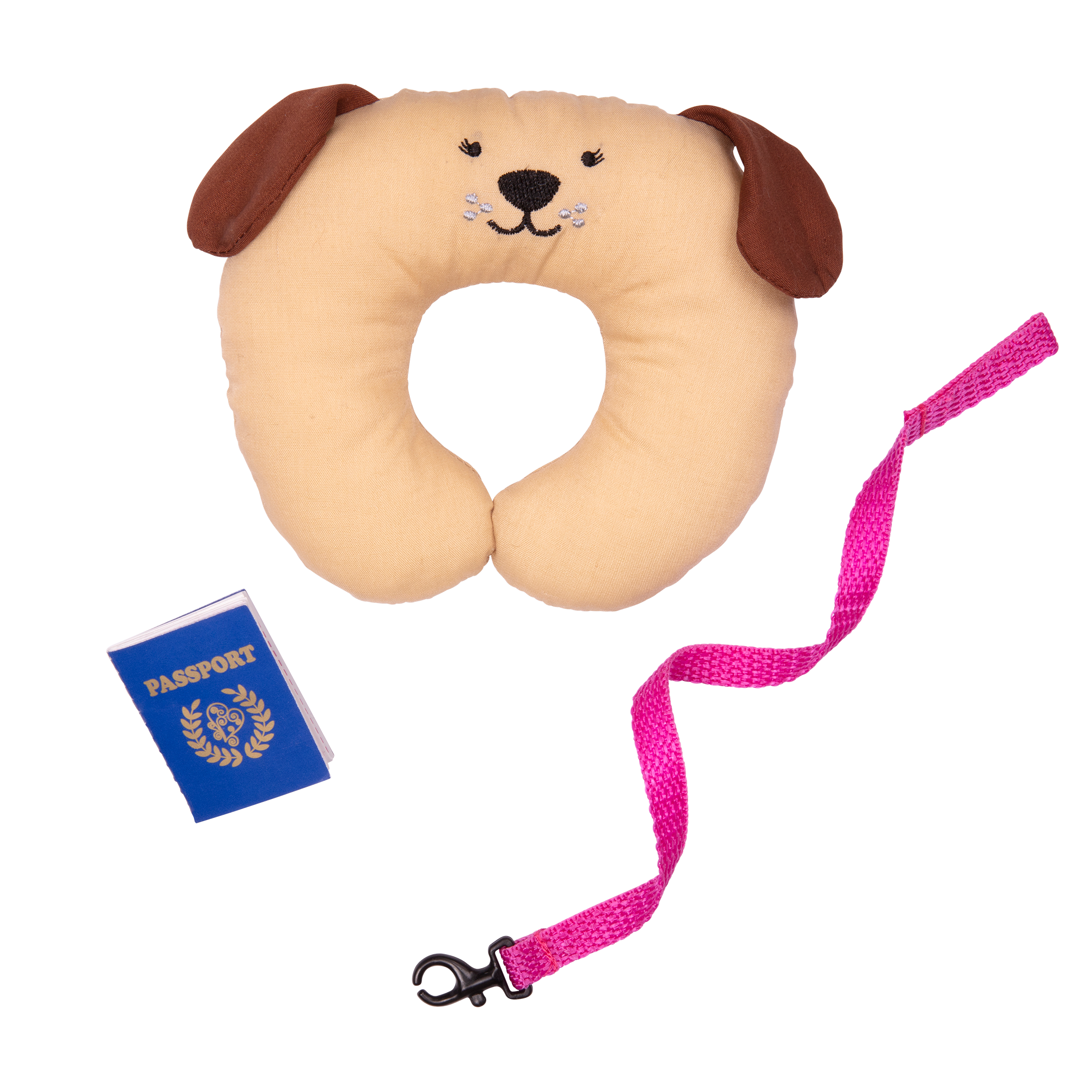 18-inch doll with brown hair, turquoise eyes, travel accessories and Bernese mountain dog plushie