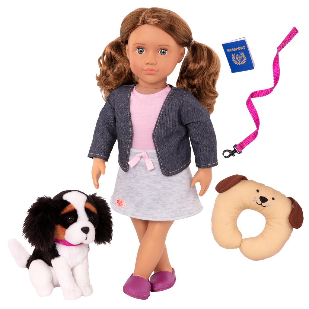 18-inch doll with brown hair, turquoise eyes, travel accessories and Bernese mountain dog plushie