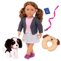 18-inch doll with brown hair, turquoise eyes, travel accessories and Bernese mountain dog plushie