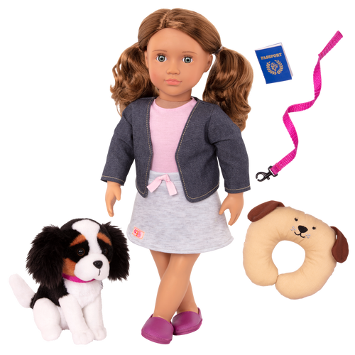 18-inch doll with brown hair, turquoise eyes, travel accessories and Bernese mountain dog plushie