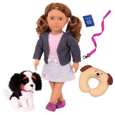 18-inch doll with brown hair, turquoise eyes, travel accessories and Bernese mountain dog plushie