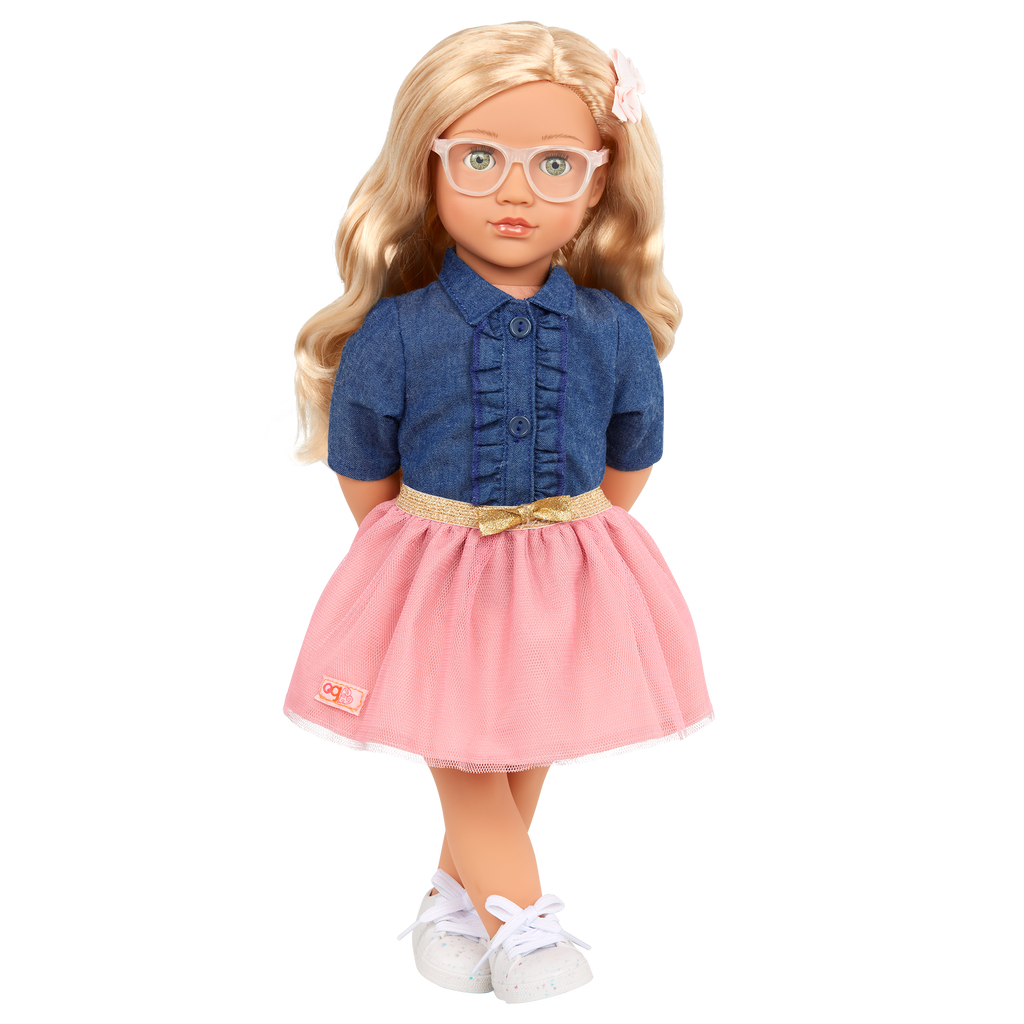 18-inch Doll with Denim-Style Top & Pink Skirt