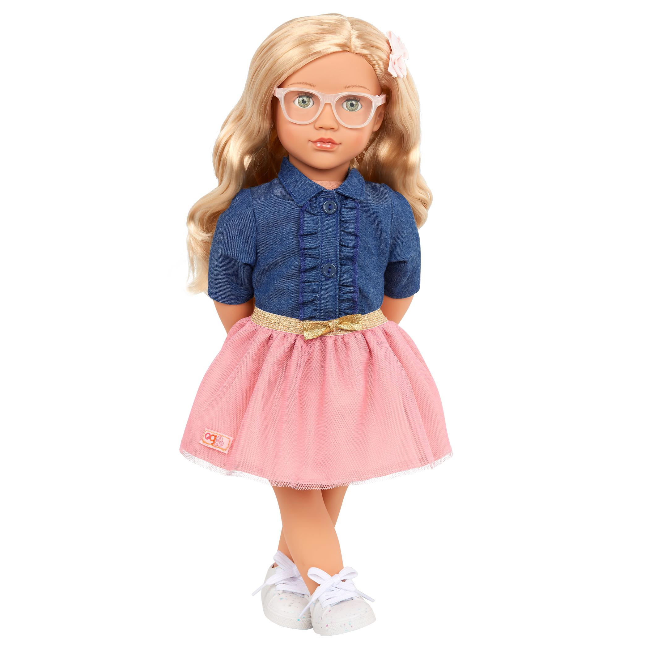 18-inch Doll with Denim-Style Top & Pink Skirt