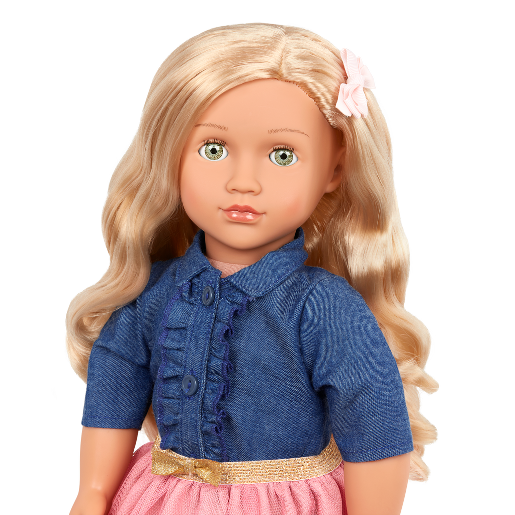 18-inch Doll with Denim-Style Top & Pink Skirt