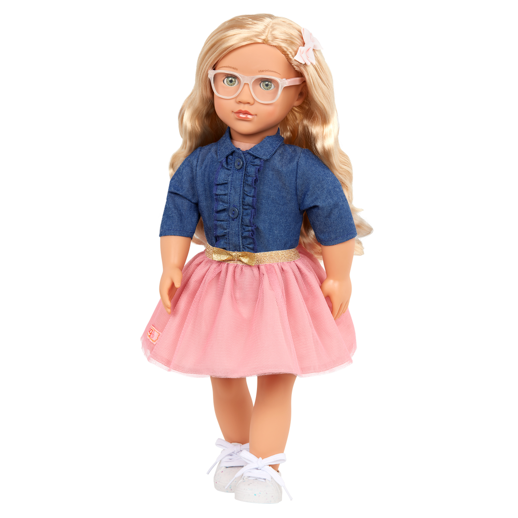 18-inch Doll with Denim-Style Top & Pink Skirt